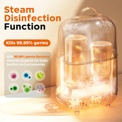 Steam disinfection function of Bear Double Bottle Warmer killing 99.99% of germs for baby bottle safety.