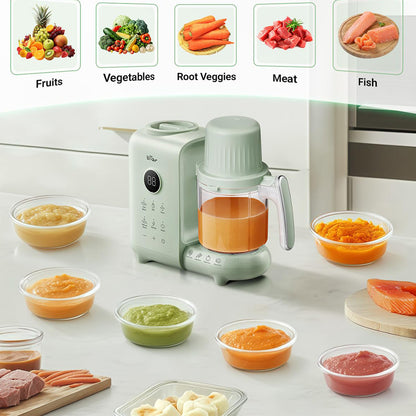 Bear 4-in-1 Baby Food Maker in a bright kitchen with bowls of vibrant, homemade organic baby purees for meal prep.