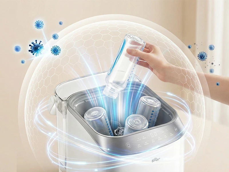 Bear Bottle Washer Pro bottle cleaning and protection effect illustration with bottles inside the machine.