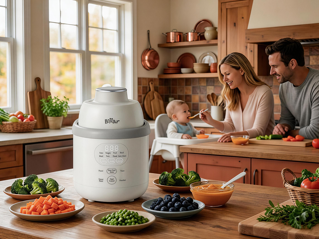 Family feeding baby purees near a Bear NutriEase Baby Food Maker on a wooden kitchen counter.