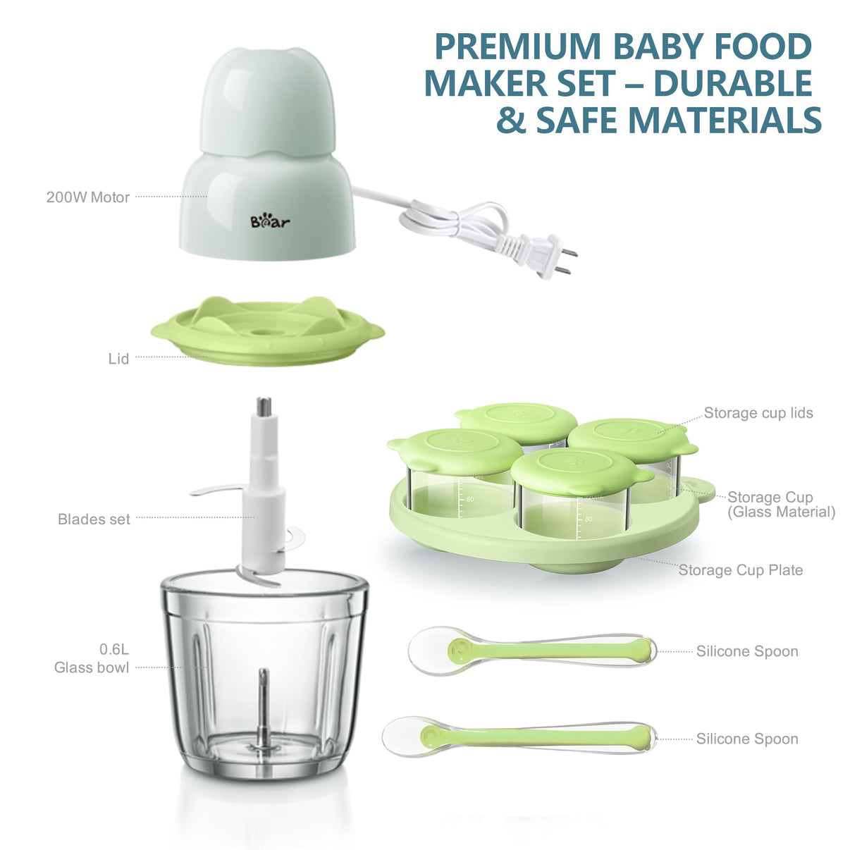 Exploded view diagram of Bear Baby Food Processor set components including glass bowl and silicone spoons.