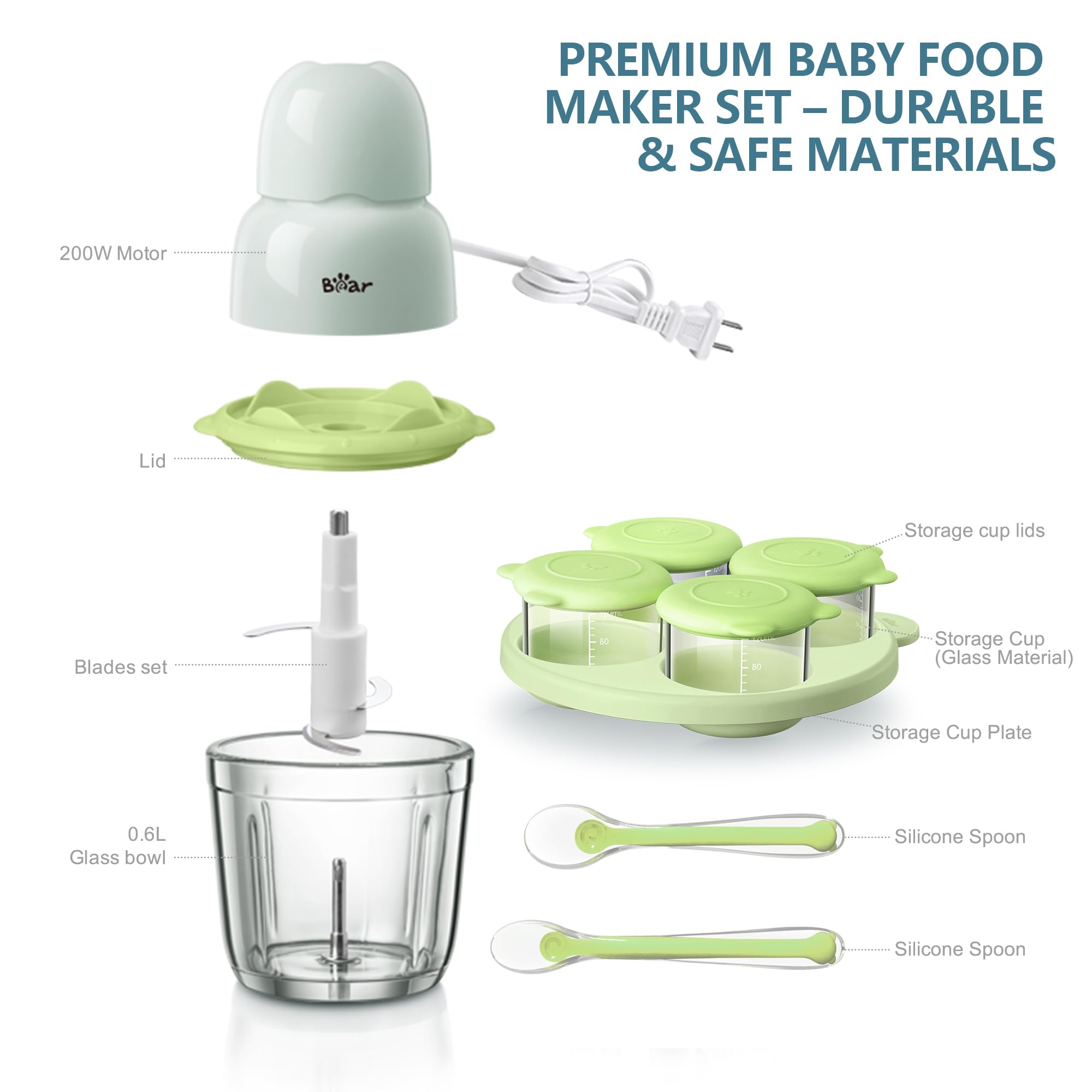 Exploded view diagram of Bear Baby Food Processor set components including glass bowl and silicone spoons.