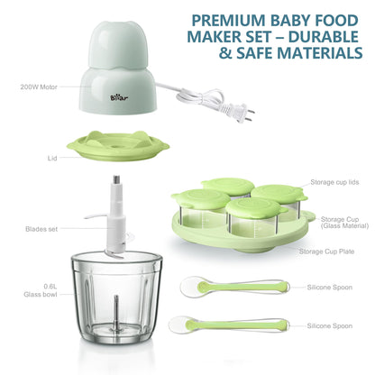 Exploded view diagram of Bear Baby Food Processor set components including glass bowl and silicone spoons.