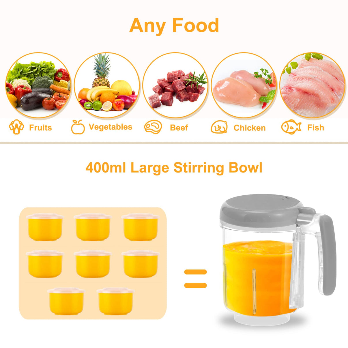 Infographic of Bear Baby Food Maker's 400ml capacity bowl suitable for fruits, vegetables, meat, and fish.