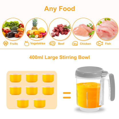 Infographic of Bear Baby Food Maker's 400ml capacity bowl suitable for fruits, vegetables, meat, and fish.