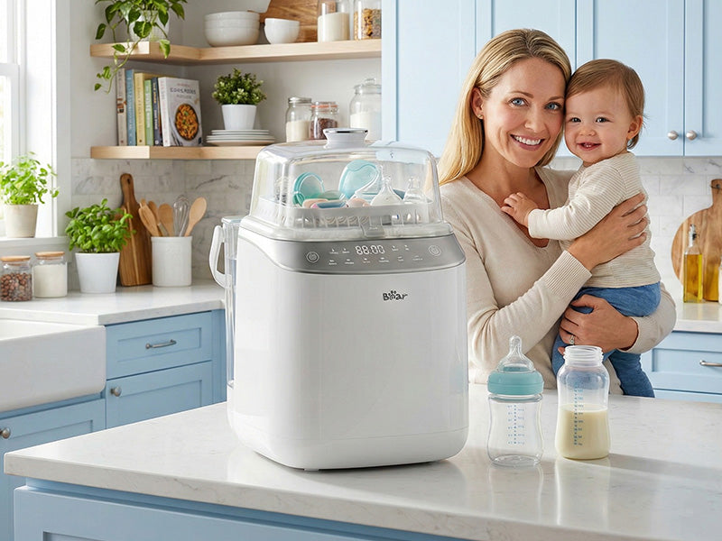 Mother holding baby next to the Bear Bottle Washer Pro cleaning bottles in a bright kitchen.