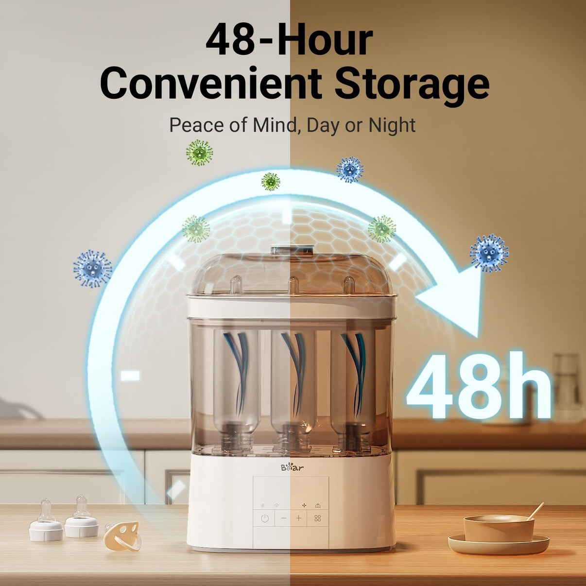 Bear 2-Tier Steam Sterilizer and Dryer protected by a digital shield icon representing 48-hour sterile storage mode.