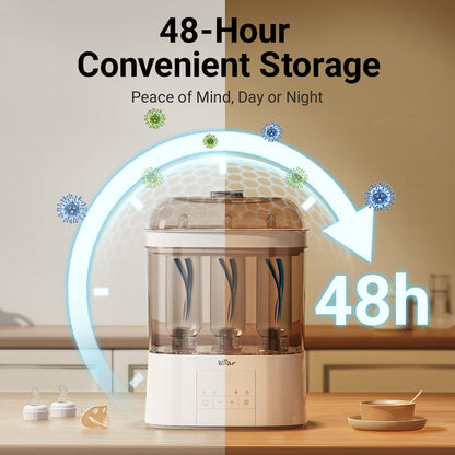 Bear 2-Tier Steam Sterilizer and Dryer protected by a digital shield icon representing 48-hour sterile storage mode.