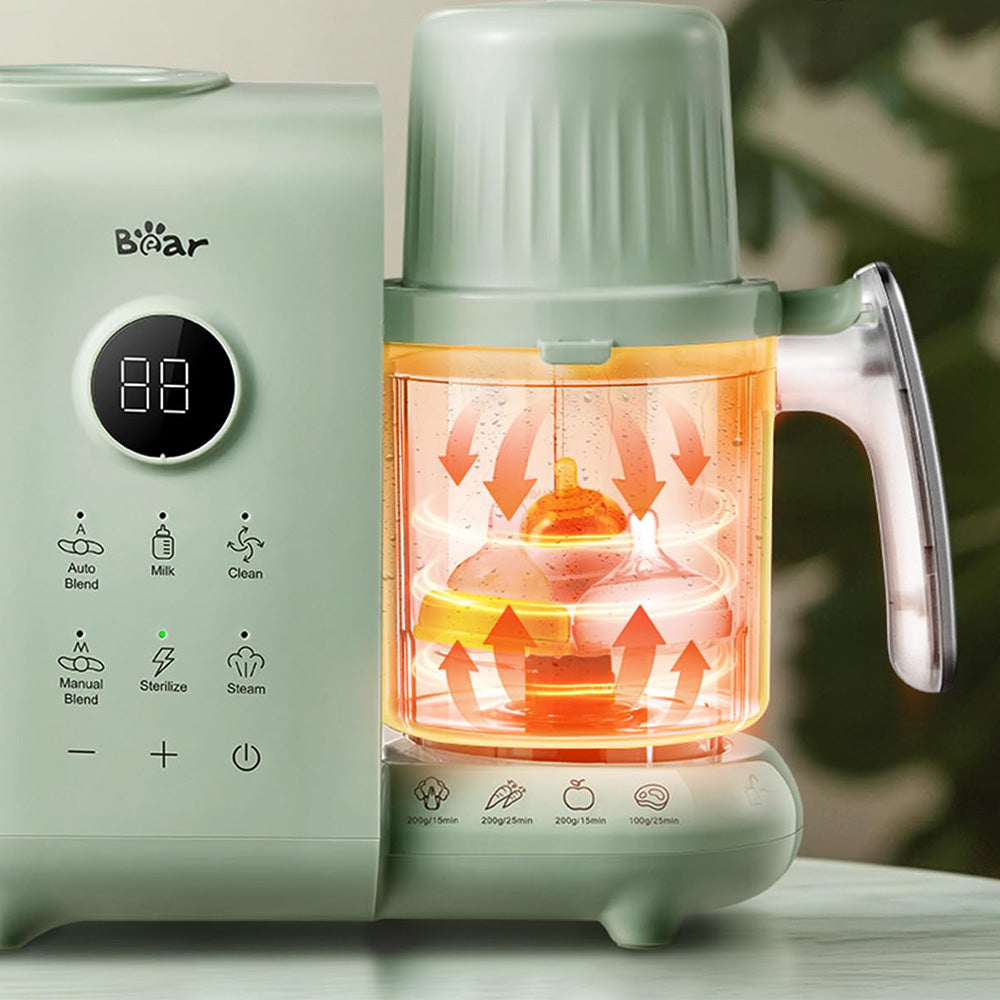 Bear Baby Food Maker in sterilization mode using high-heat steam to sanitize baby bottles and accessories.