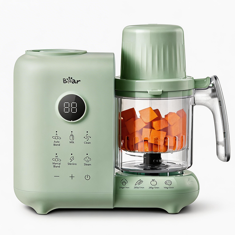 Mint green Bear 4-in-1 Baby Food Maker with dual-layer steam baskets and intuitive digital touch control panel.