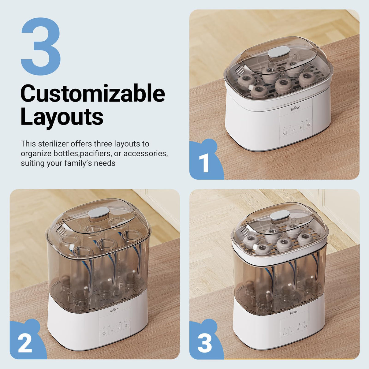 Three panels showing Bear 2-Tier Steam Sterilizer and Dryer with different customizable layouts for bottles and pacifiers.