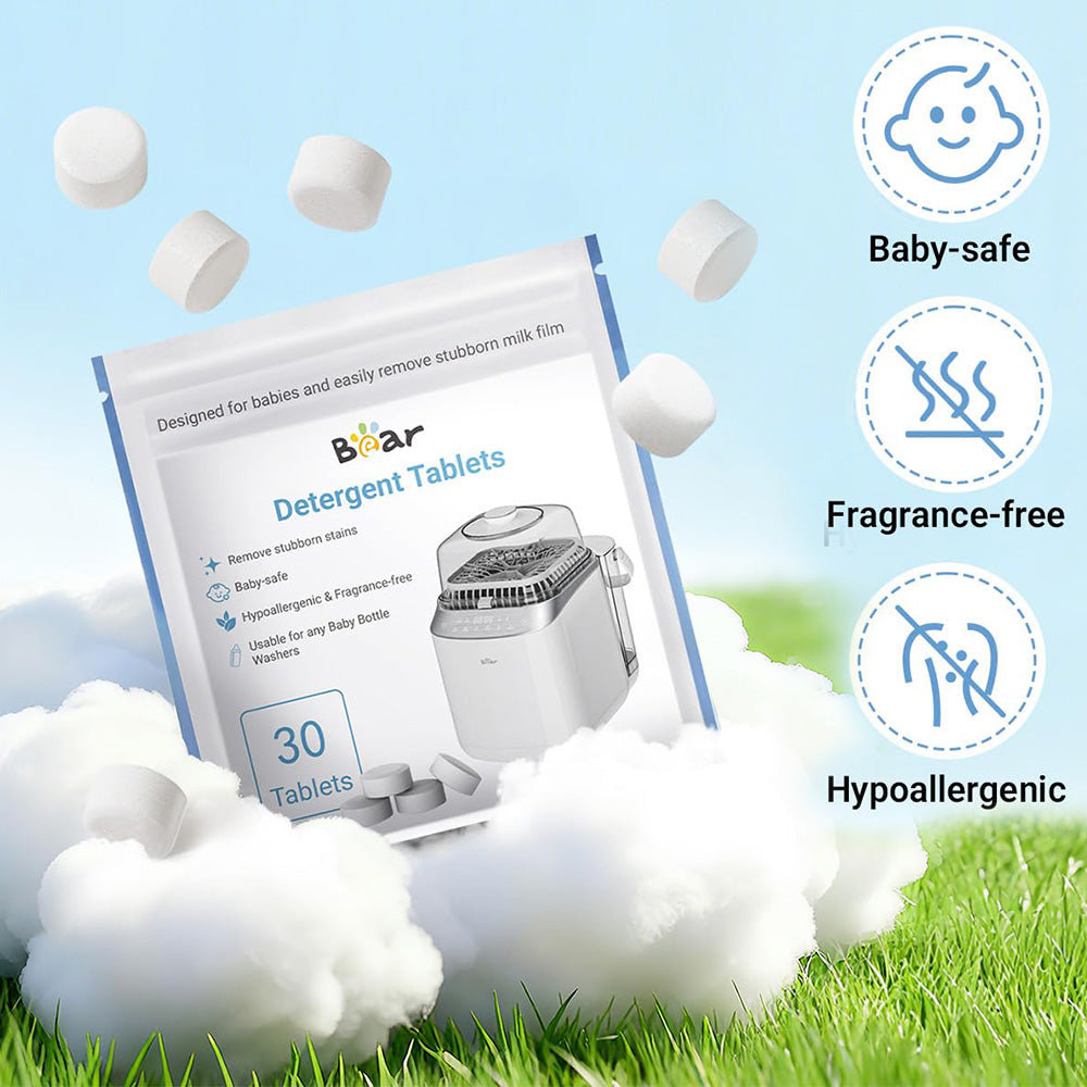 Bear Detergent Tablets pouch showing baby-safe, fragrance-free, and hypoallergenic safety icons.