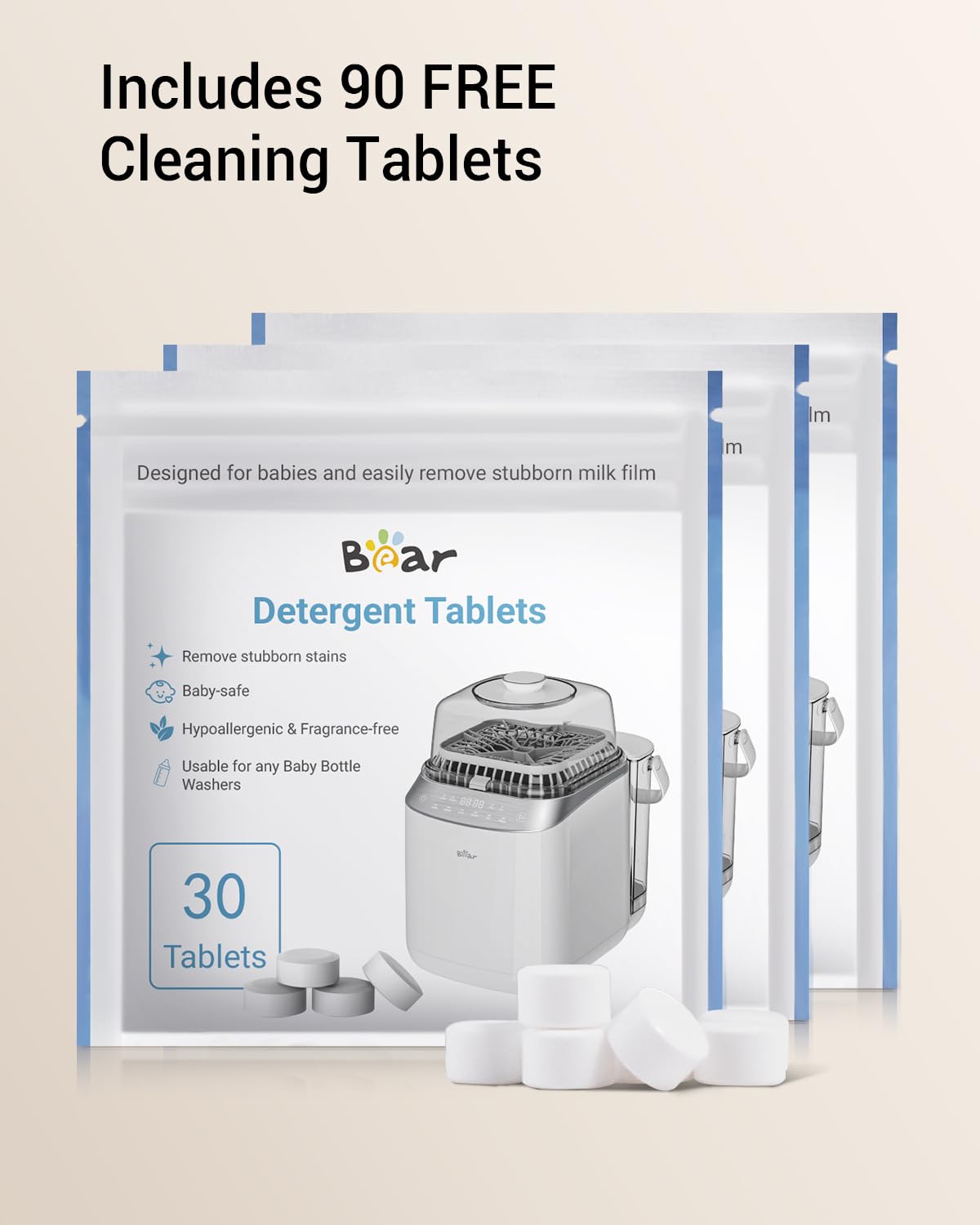 90 free Bear Detergent Tablets for Baby Bottle Washers displayed with three white packaging pouches.