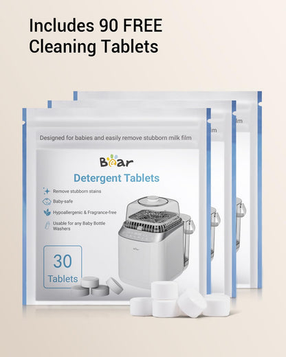 90 free Bear Detergent Tablets for Baby Bottle Washers displayed with three white packaging pouches.