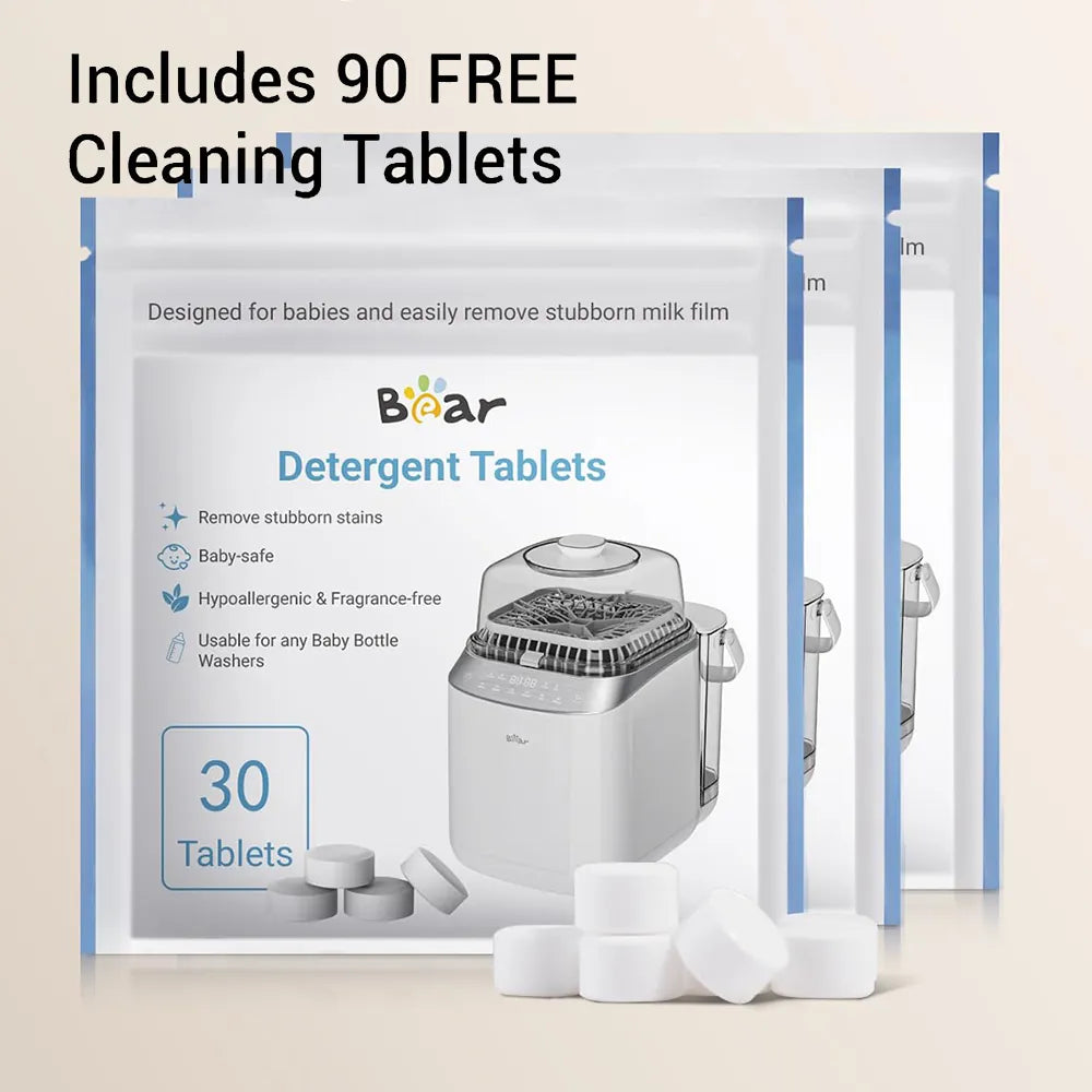 90 free Bear Detergent Tablets for Baby Bottle Washers displayed with three white packaging pouches.