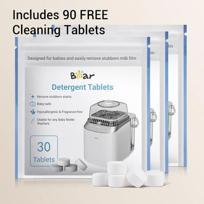 90 free Bear Detergent Tablets for Baby Bottle Washers displayed with three white packaging pouches.