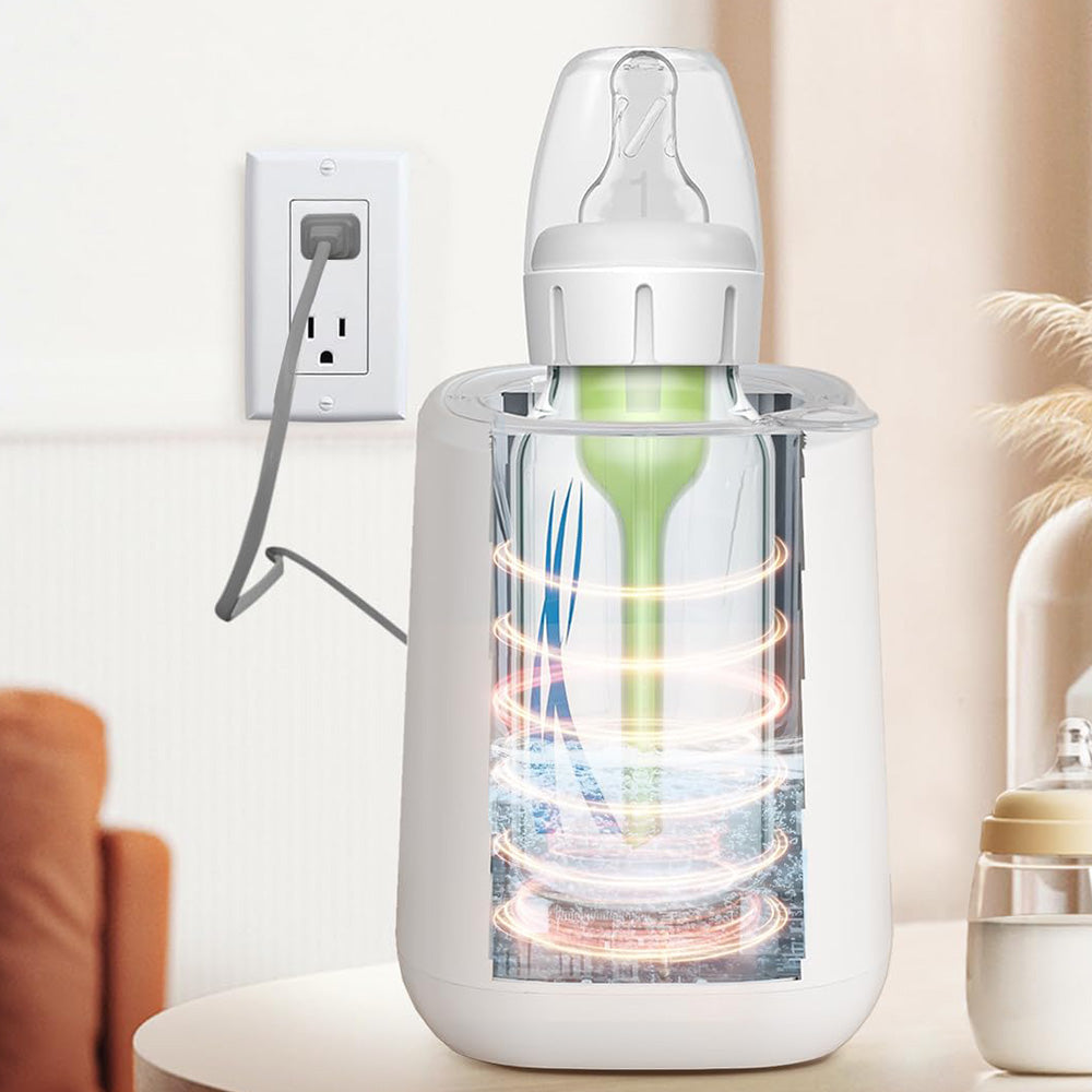 Technical view of Bear Baby Bottle Warmer showing even water bath heating with circular orange thermal rings.