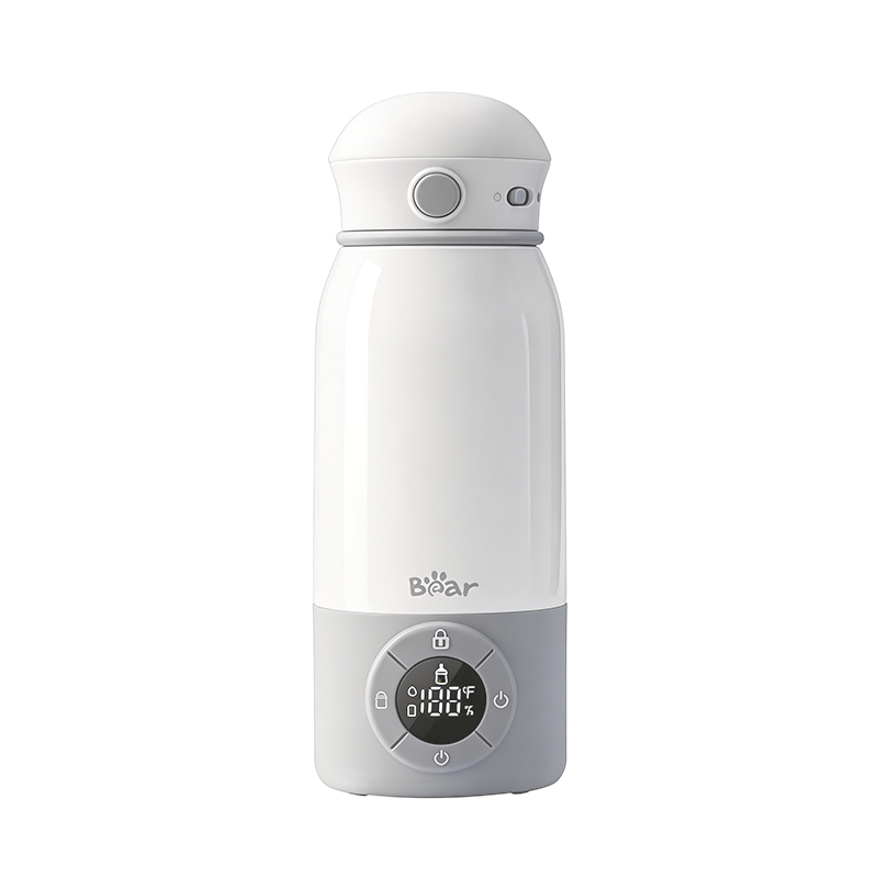 Bear Portable Bottle Warmer for Travel with a digital temperature display showing 100°F and compact white design.
