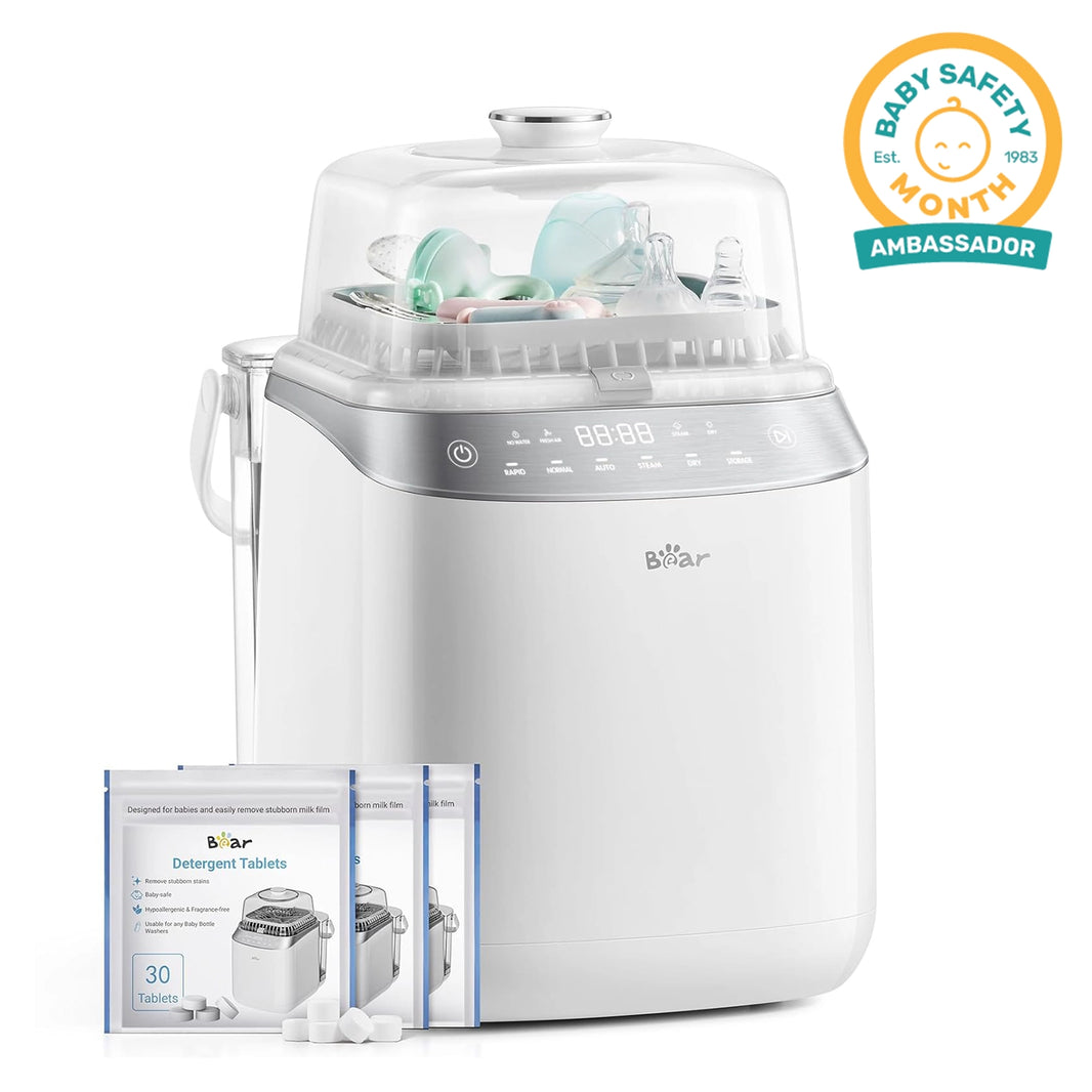 Bear Bottle Washer Pro shown with detergent tablets for automatic cleaning and sterilization of baby accessories.