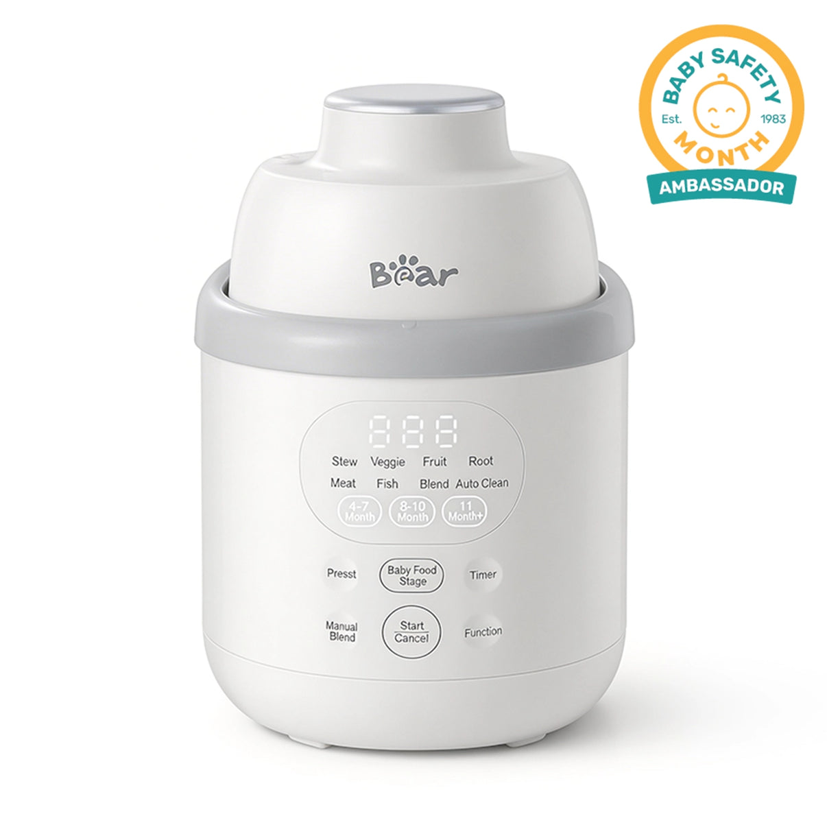 Bear NutriEase Stainless Steel All Stage Baby Food Maker with a smart digital menu and age-specific presets.