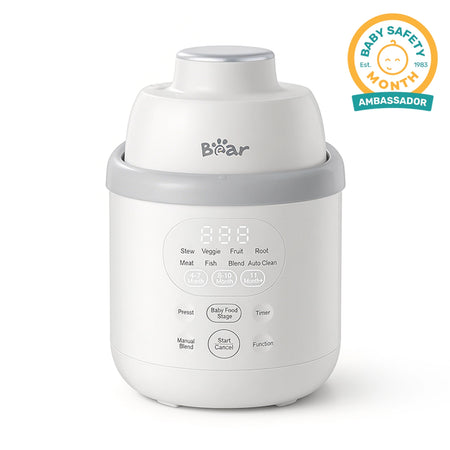 Bear NutriEase Stainless Steel All Stage Baby Food Maker with a smart digital menu and age-specific presets.