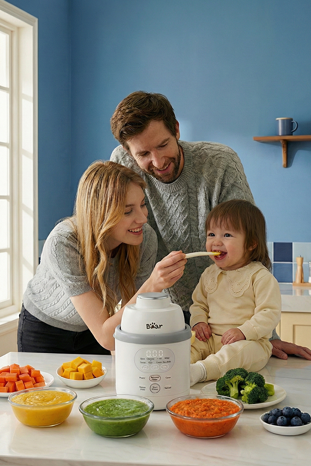 Family feeding baby using the Bear NutriEase Stainless Steel All Stage Baby Food Maker surrounded by colorful fresh purees.