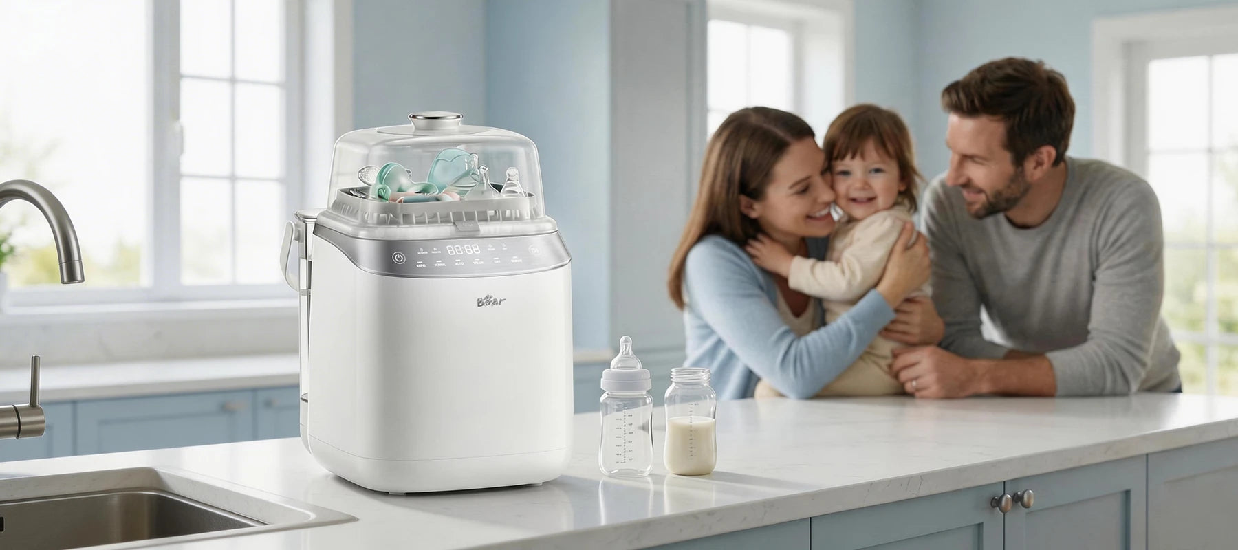 Bear Bottle Washer Pro baby bottle washer on a kitchen countertop with bottles and milk, family interaction in the background.