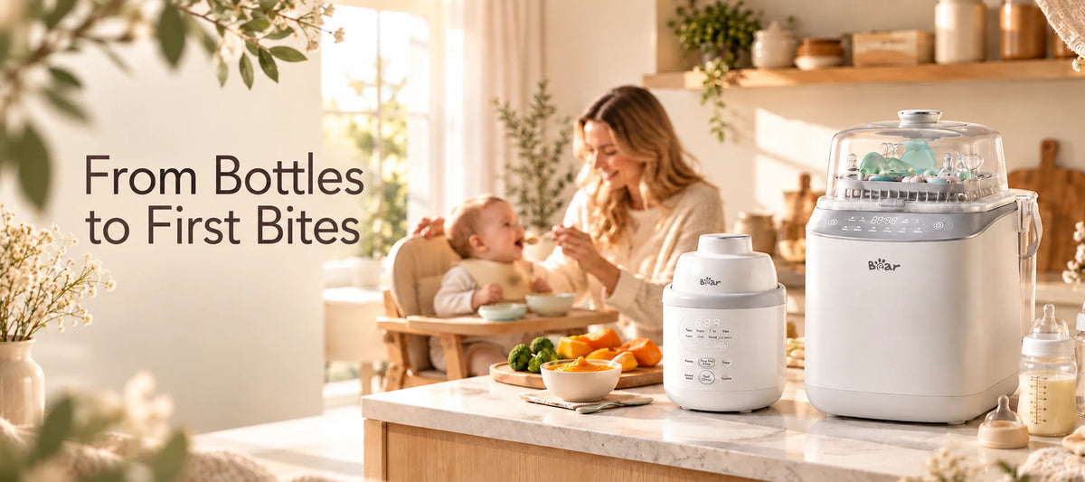BEAR Bottles & Bites bundle with Bottle Washer Pro and NutriEase baby food maker for bottles and first bites.