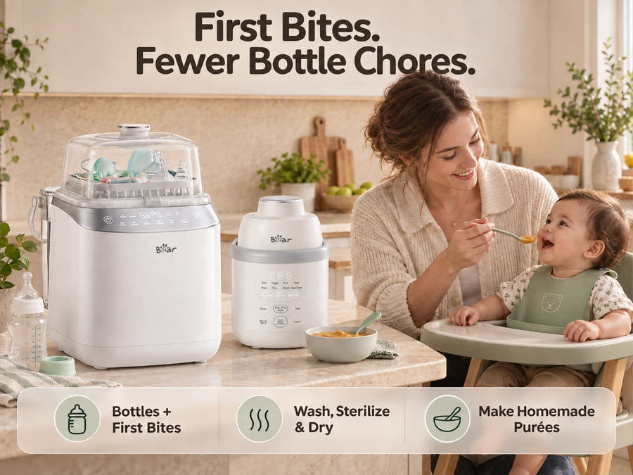 BEAR Bottles & Bites bundle with Bottle Washer Pro and NutriEase baby food maker for bottle cleaning and first purées.