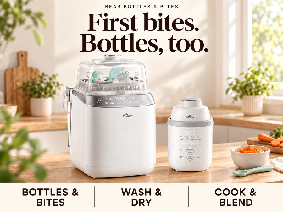 BEAR Bottle Washer Pro and baby food maker beside carrot puree on a sunlit wooden counter.