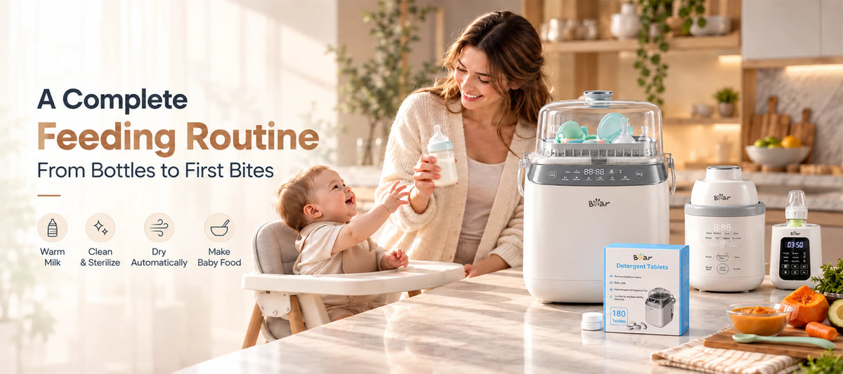 BEAR Complete Feeding & Cleaning Bundle with bottle washer, bottle warmer, baby food maker and detergent tablets.