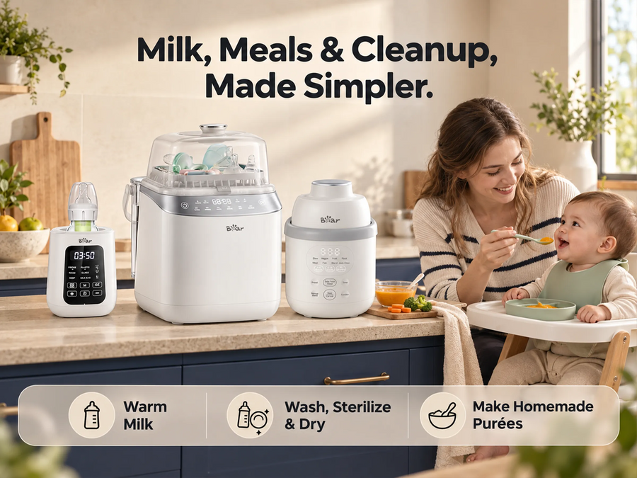 BEAR Complete Feeding & Cleaning Bundle with Bottle Washer Pro, bottle warmer and NutriEase baby food maker.
