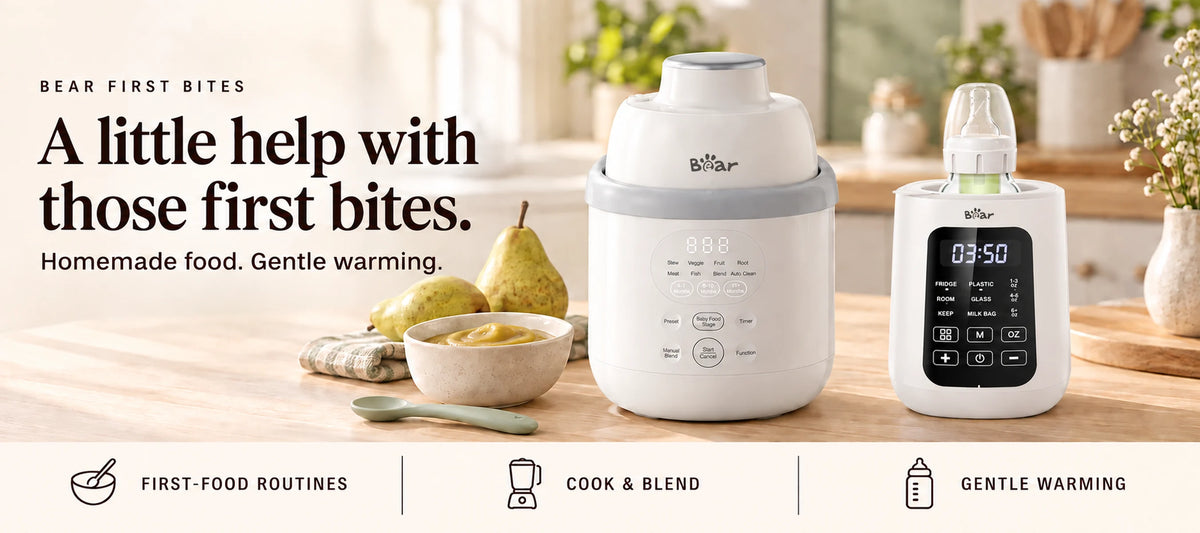 BEAR baby food maker and bottle warmer beside pear puree on a sunlit kitchen counter in the First Bites Bundle banner.