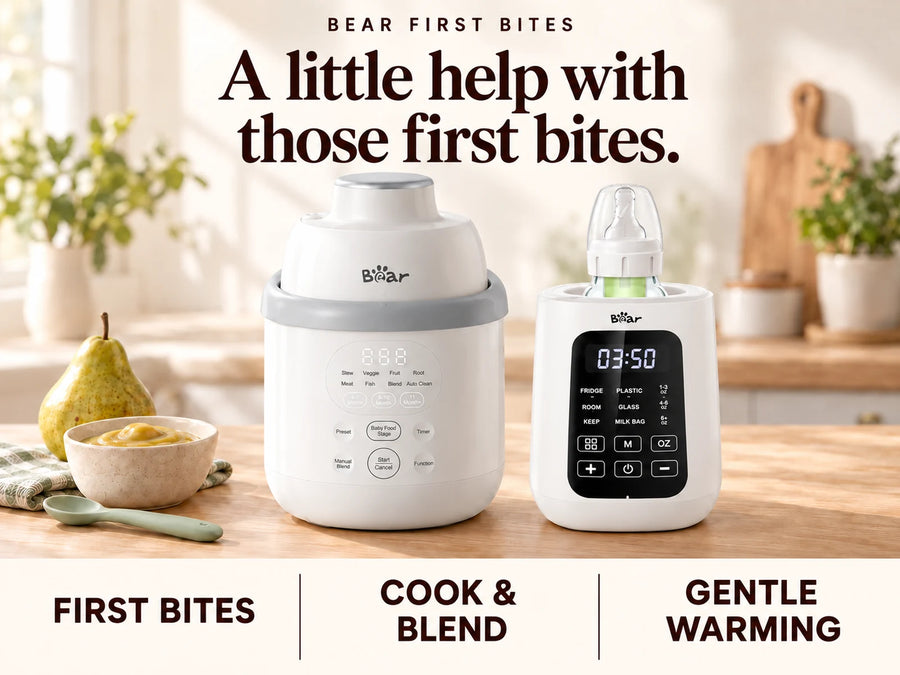 BEAR baby food maker and bottle warmer beside pear puree on a wooden kitchen counter.