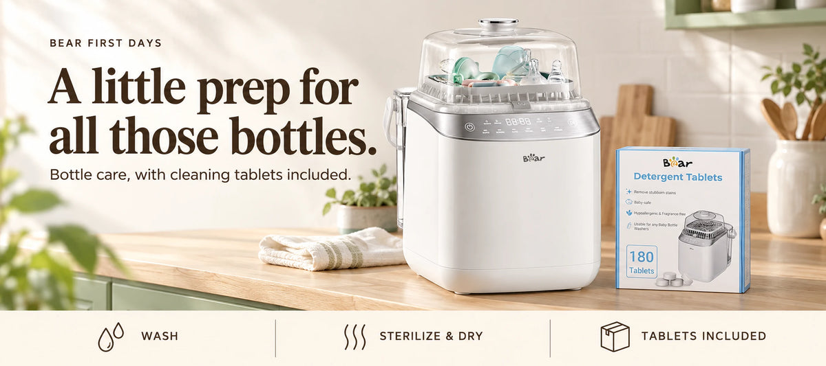 BEAR Bottle Washer Pro and a 180-count detergent tablet box on a light wood counter in the First Days Bundle banner.