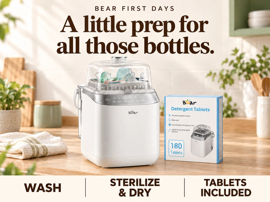 BEAR Bottle Washer Pro with a 180-count box of detergent tablets on a sunlit kitchen counter.