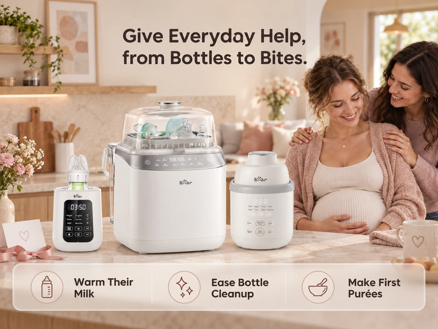 BEAR First Feeds to First Bites Gift Bundle with bottle washer, bottle warmer and baby food maker for new parents.