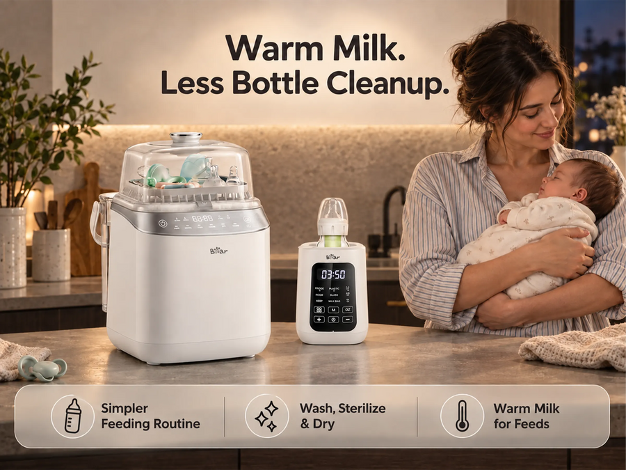 BEAR Newborn Day & Night Feeding Bundle with Bottle Washer Pro and Baby Bottle Warmer for newborn feeding and bottle care.