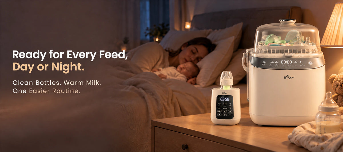 BEAR Night Shift Bundle with Bottle Washer Pro and Baby Bottle Warmer for day and night feeding routines.