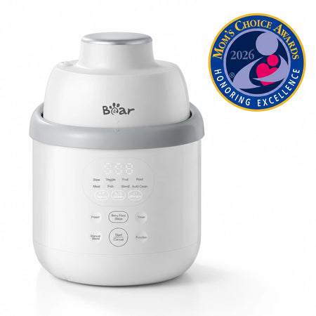 Bear NutriEase baby food maker on a white background with the 2026 Mom's Choice Awards seal at the upper right.
