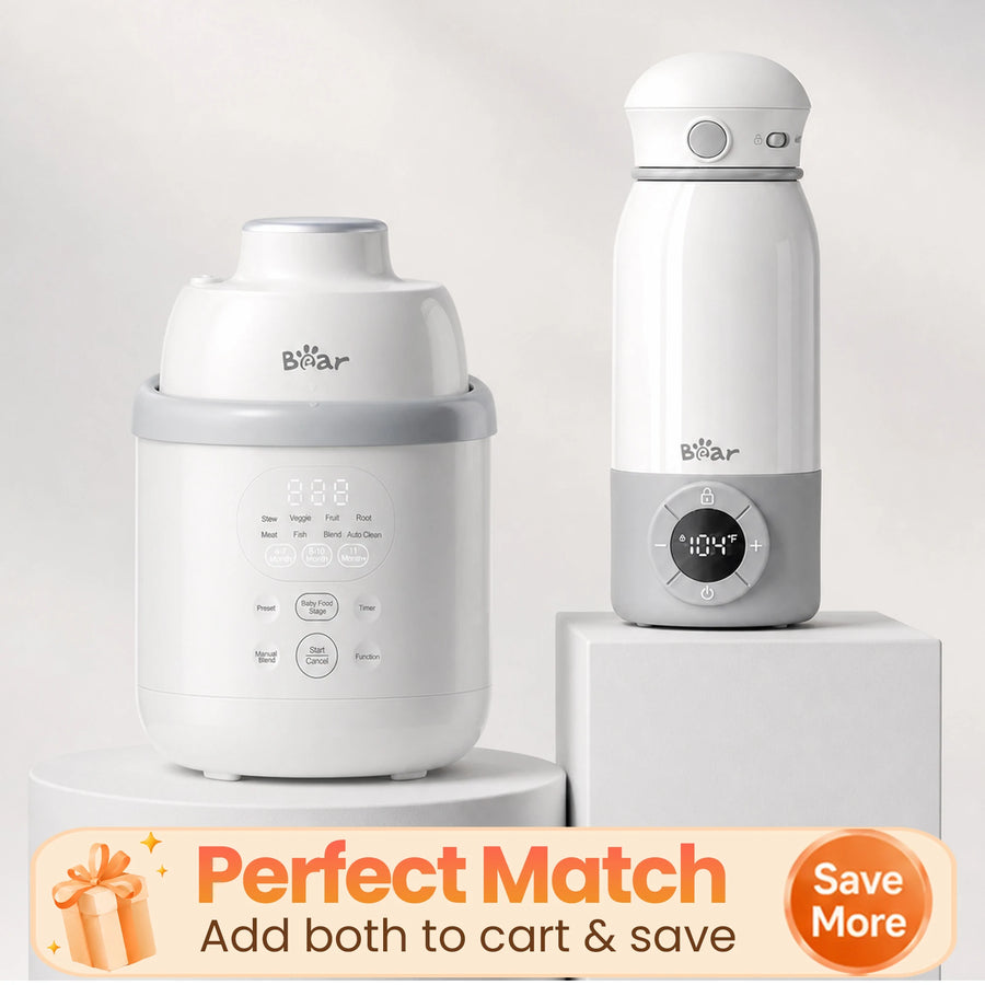 Bear NutriEase Stainless Steel All Stage Baby Food Maker with Bear Portable Bottle Warmer for Travel.