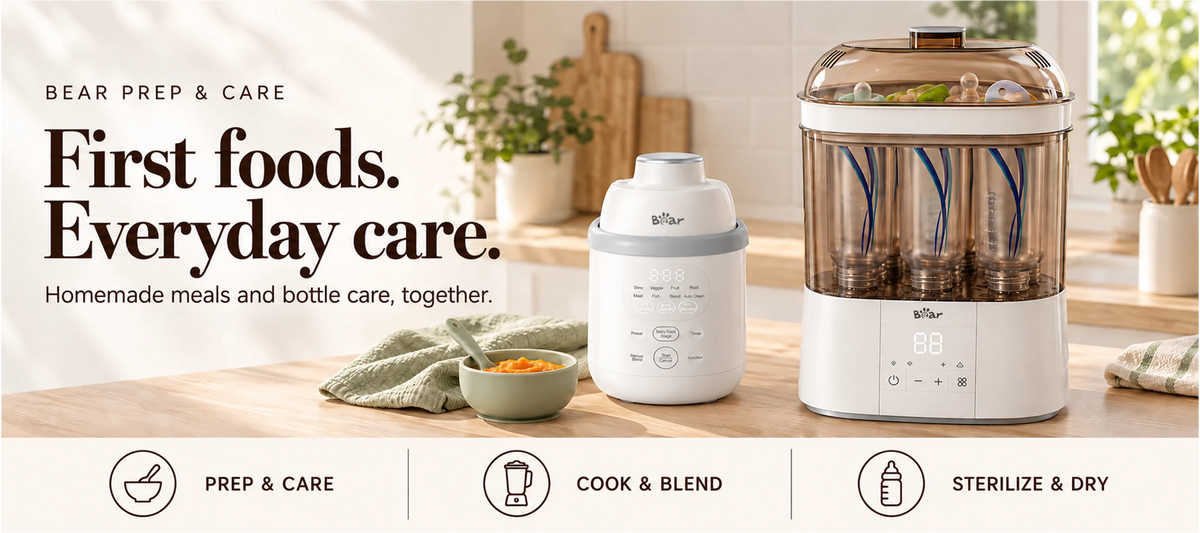BEAR Prep & Care NutriEase food maker and two-tier sterilizer-dryer beside a bowl of carrot puree.