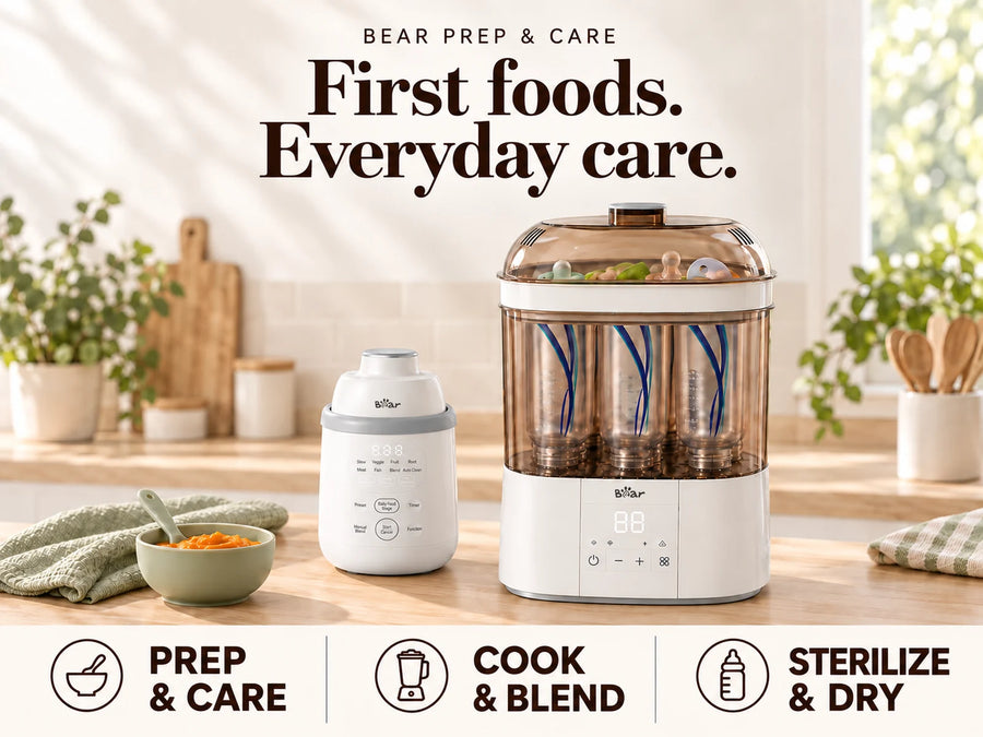 BEAR baby food maker and sterilizer-dryer beside a bowl of puree in a sunlit kitchen.