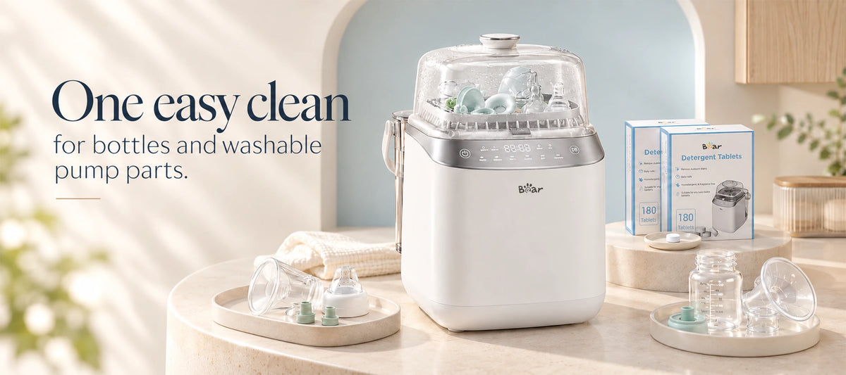 BEAR Pumping & Bottle Care Bundle with Bottle Washer Pro and detergent tablets for bottles and washable pump parts.