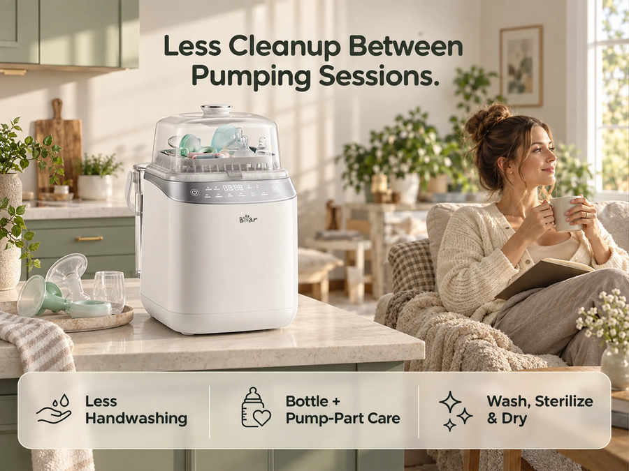 BEAR Pumping & Bottle Care Bundle with Bottle Washer Pro for washing, sterilizing and drying bottles and pump parts.