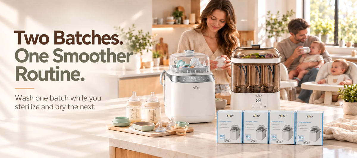 BEAR Twins & Multiples Bottle Care Bundle with Bottle Washer Pro, 2-Tier Bottle Sterilizer and detergent tablets for twin families.