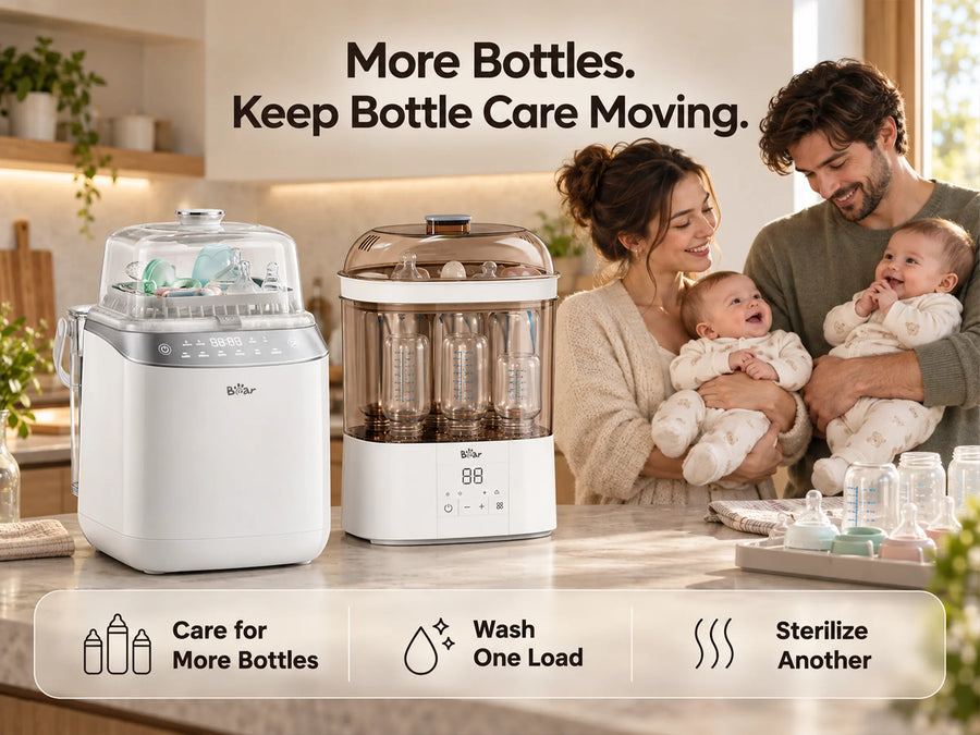 BEAR Twins & Multiples Bottle Care Bundle with Bottle Washer Pro and 2-Tier Bottle Sterilizer and Dryer for more bottles.