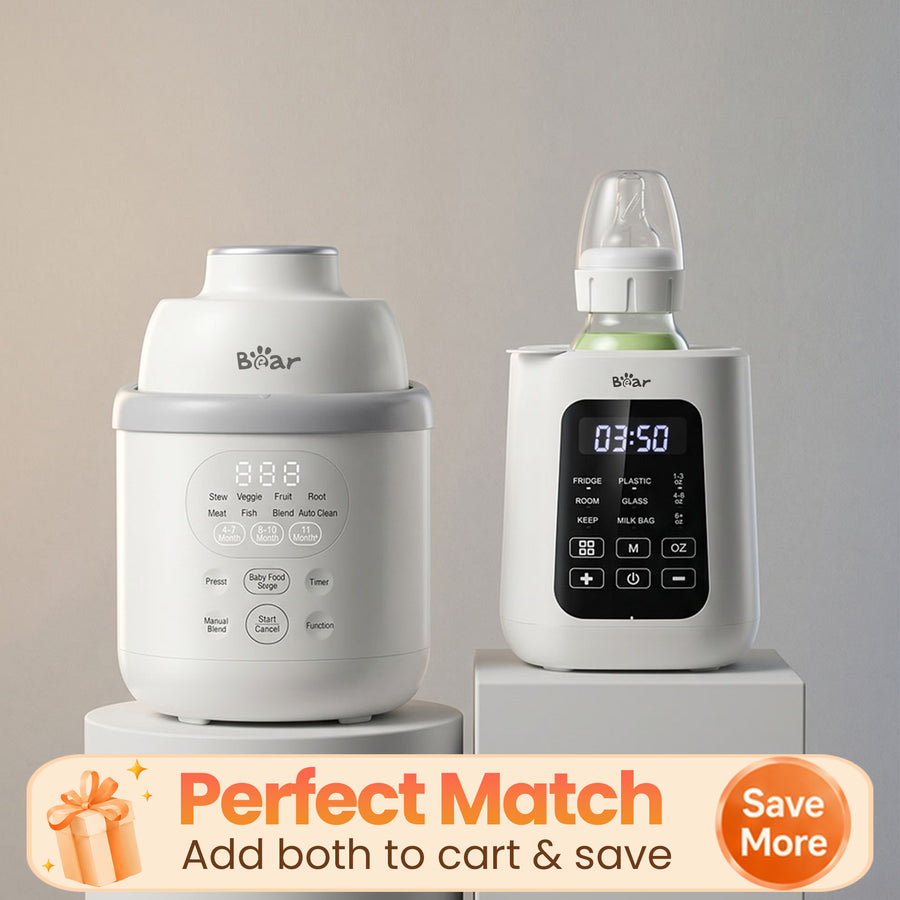 Bearforbaby Perfect Match bundle featuring Bear NutriEase Stainless Steel All Stage Baby Food Maker and Bear Baby Bottle Warmer for convenient baby meal prep and warming.