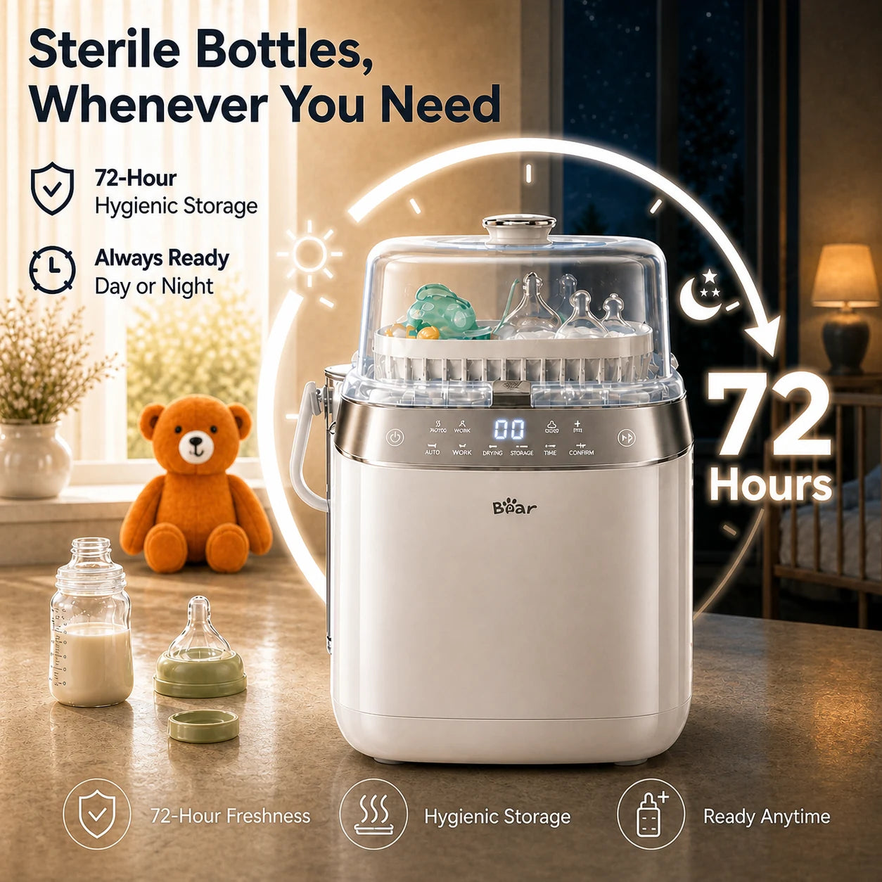 Bear Bottle Washer Pro with 72-hour hygienic storage for clean baby bottles and accessories.
