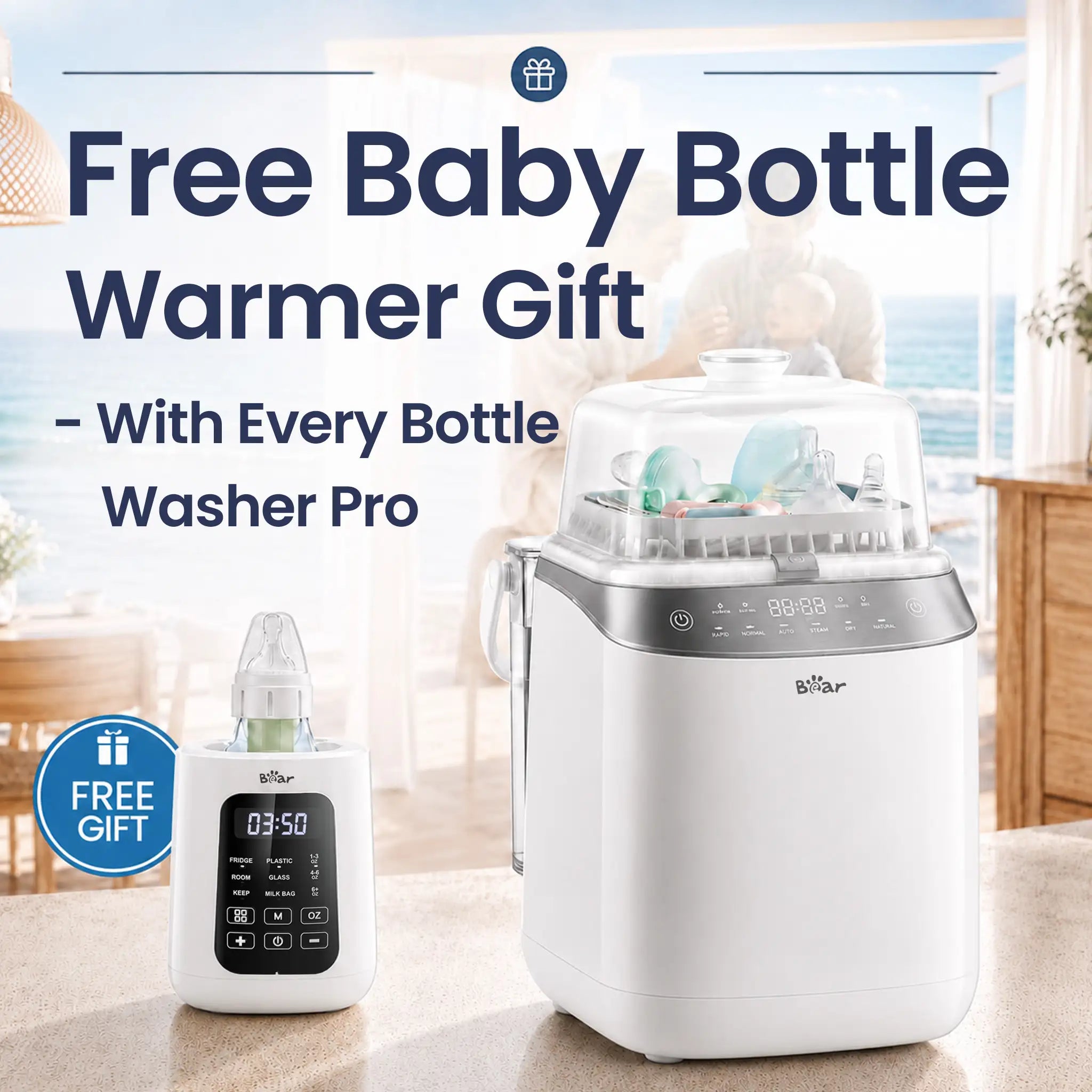 Bearforbaby Bottle Washer Pro with a free Bear Baby Bottle Warmer gift in a bright coastal family home.